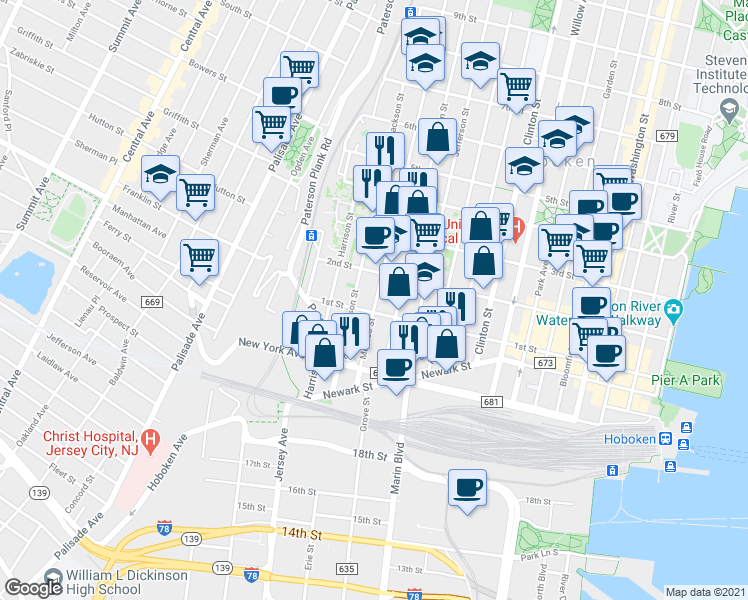 map of restaurants, bars, coffee shops, grocery stores, and more near 126 Monroe Street in Hoboken