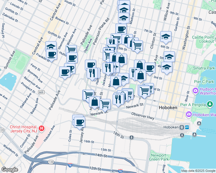 map of restaurants, bars, coffee shops, grocery stores, and more near 126 Monroe Street in Hoboken