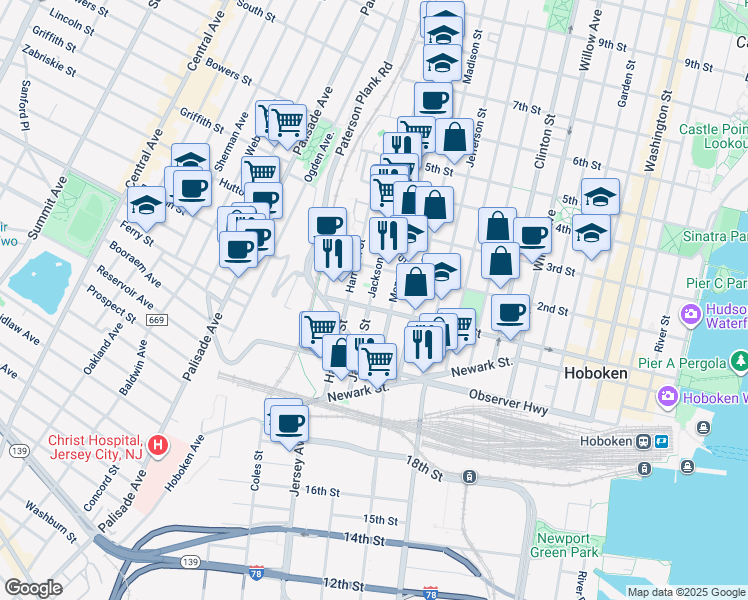 map of restaurants, bars, coffee shops, grocery stores, and more near 117 Harrison Street in Hoboken