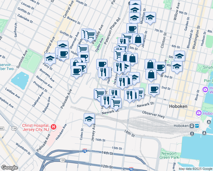 map of restaurants, bars, coffee shops, grocery stores, and more near 117 Harrison Street in Hoboken