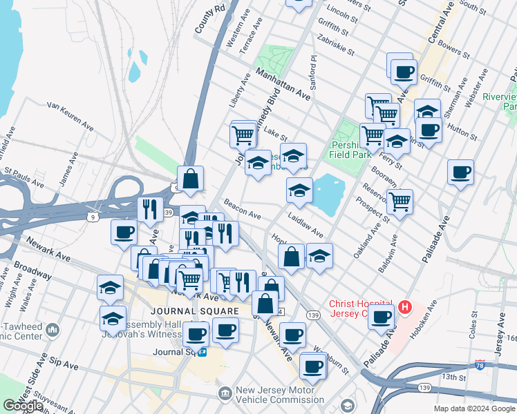 map of restaurants, bars, coffee shops, grocery stores, and more near 227 Laidlaw Avenue in Jersey City