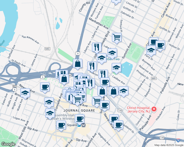 map of restaurants, bars, coffee shops, grocery stores, and more near 3140 John F. Kennedy Boulevard in Jersey City