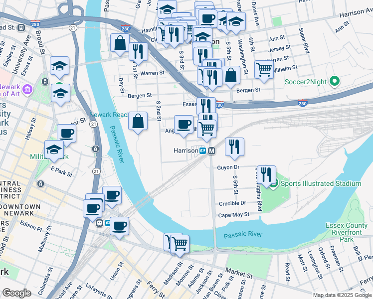 map of restaurants, bars, coffee shops, grocery stores, and more near 301 Somerset Street in Harrison