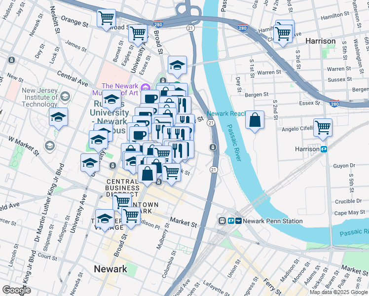map of restaurants, bars, coffee shops, grocery stores, and more near 1 Center Street in Newark