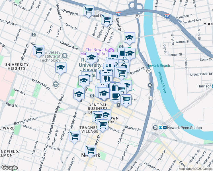 map of restaurants, bars, coffee shops, grocery stores, and more near 71 Halsey Street in Newark