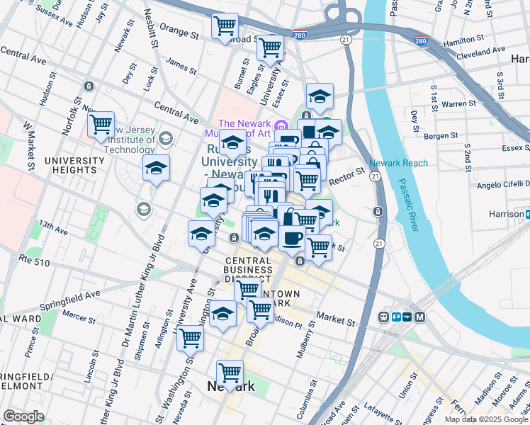 map of restaurants, bars, coffee shops, grocery stores, and more near 71 Halsey Street in Newark