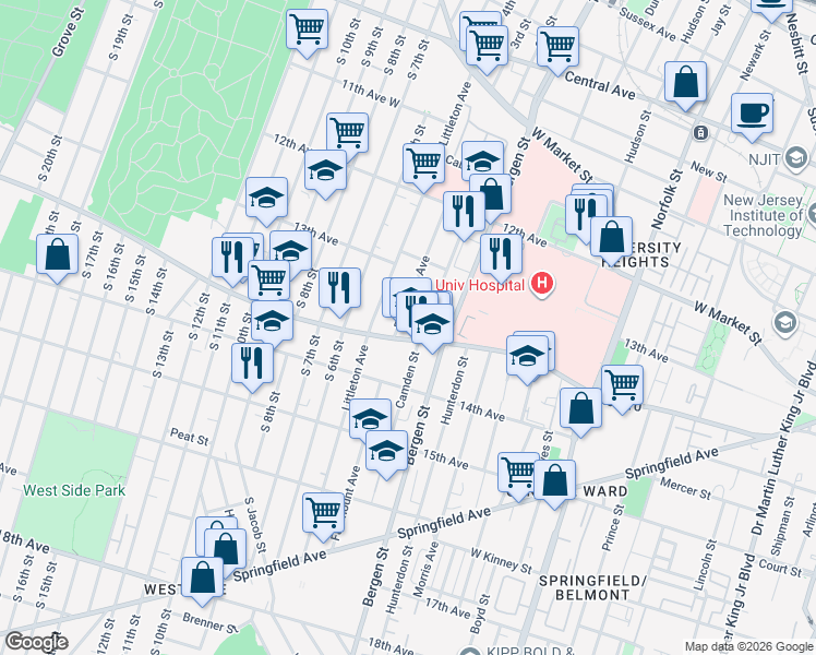 map of restaurants, bars, coffee shops, grocery stores, and more near 216 Fairmount Avenue in Newark