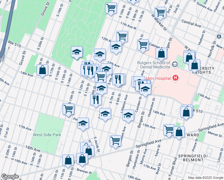 map of restaurants, bars, coffee shops, grocery stores, and more near 331 South Orange Avenue in Newark