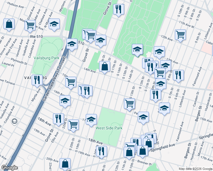 map of restaurants, bars, coffee shops, grocery stores, and more near 471 South 17th Street in Newark