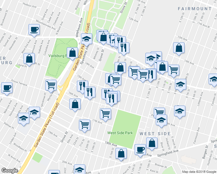 map of restaurants, bars, coffee shops, grocery stores, and more near 492 South 19th Street in Newark