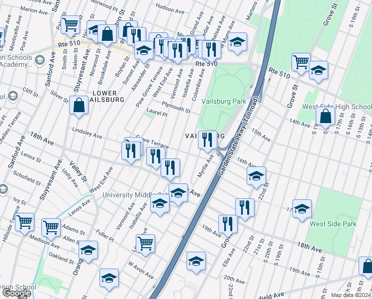 map of restaurants, bars, coffee shops, grocery stores, and more near 153 South Munn Avenue in Newark