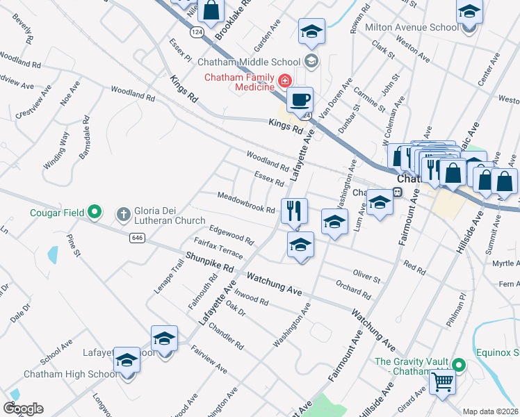 map of restaurants, bars, coffee shops, grocery stores, and more near 16 Mercer Avenue in Chatham