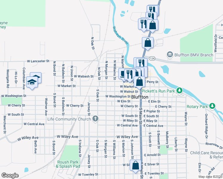 map of restaurants, bars, coffee shops, grocery stores, and more near 419 West Market Street in Bluffton
