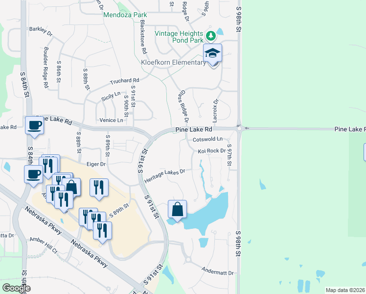 map of restaurants, bars, coffee shops, grocery stores, and more near 7119 South 94th Court in Lincoln