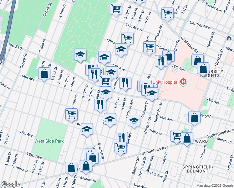map of restaurants, bars, coffee shops, grocery stores, and more near 331 South Orange Avenue in Newark