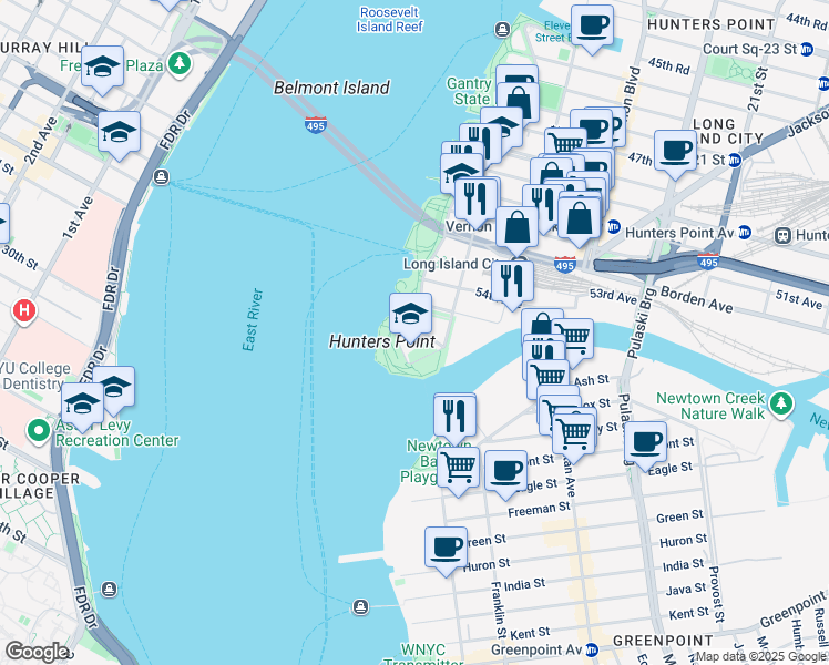 map of restaurants, bars, coffee shops, grocery stores, and more near 1- 10 56th Avenue in Queens