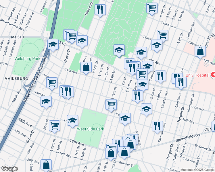 map of restaurants, bars, coffee shops, grocery stores, and more near 284 14th Avenue in Newark