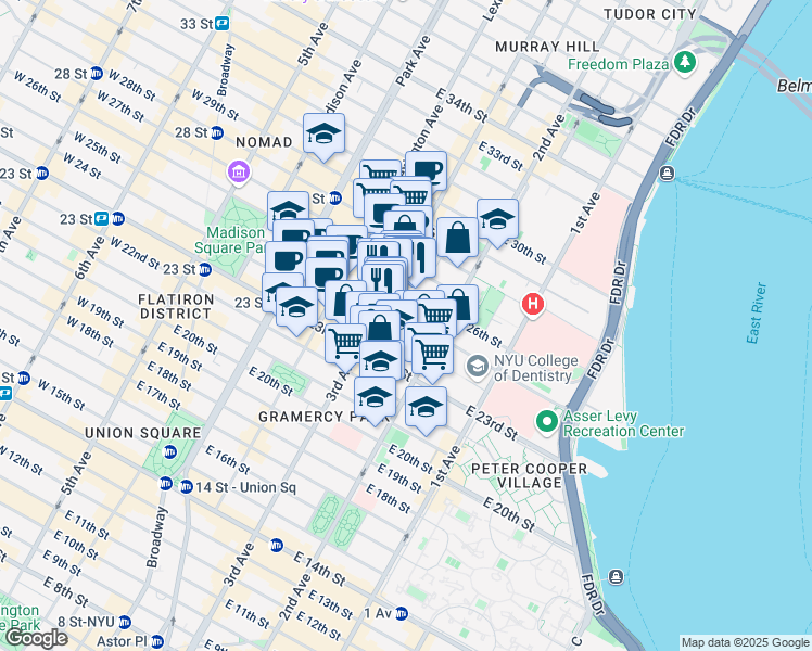 map of restaurants, bars, coffee shops, grocery stores, and more near 220 East 25th Street in New York