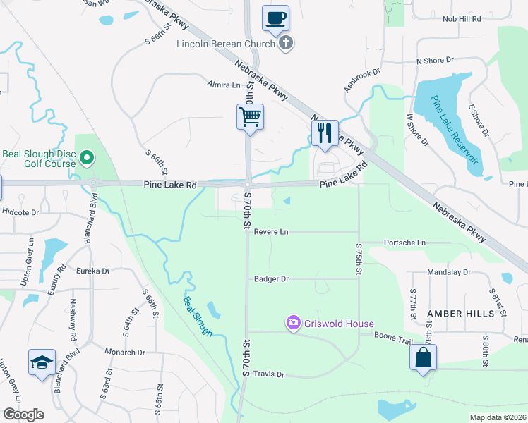 map of restaurants, bars, coffee shops, grocery stores, and more near 7095 Pine Lake Road in Lincoln