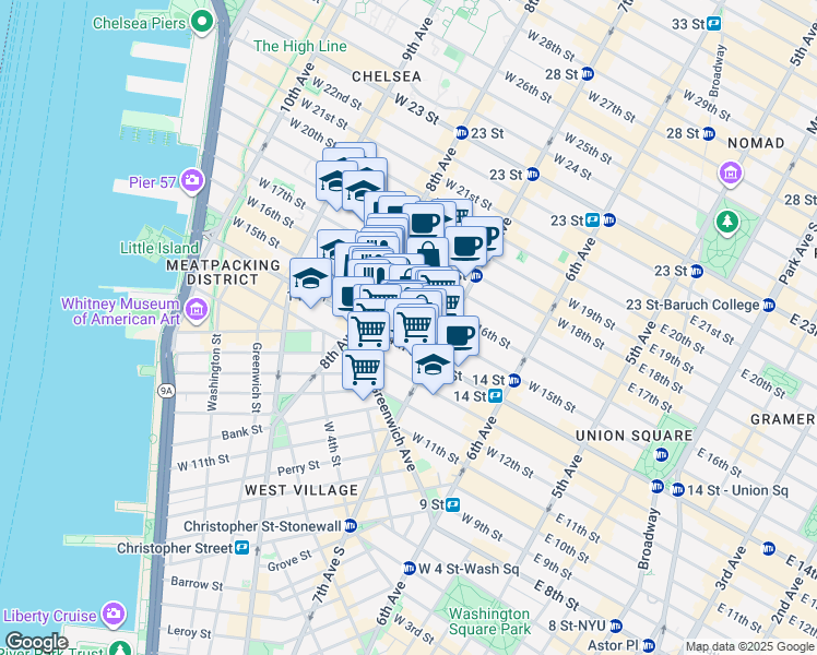 map of restaurants, bars, coffee shops, grocery stores, and more near 228 West 15th Street in New York
