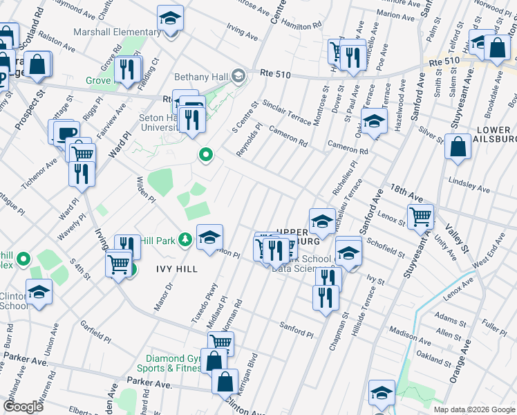 map of restaurants, bars, coffee shops, grocery stores, and more near 22 Tuxedo Parkway in Newark