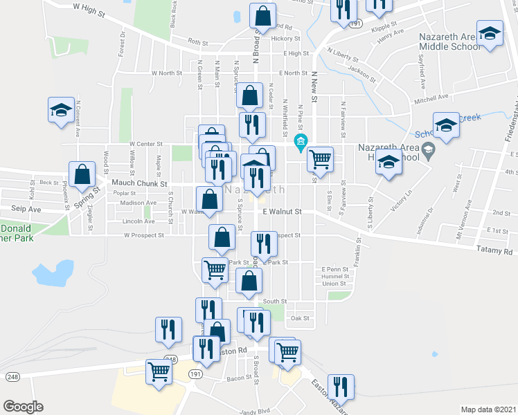 map of restaurants, bars, coffee shops, grocery stores, and more near 141 South Broad Street in Nazareth