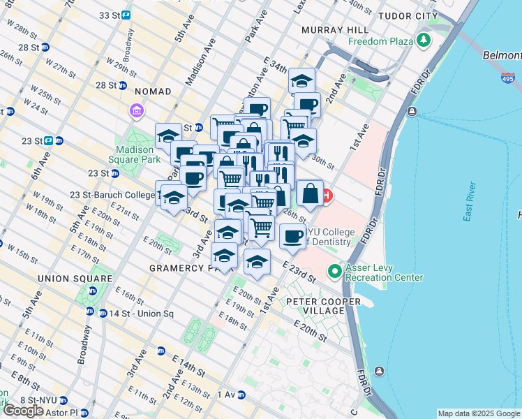 map of restaurants, bars, coffee shops, grocery stores, and more near 245 East 25th Street in New York