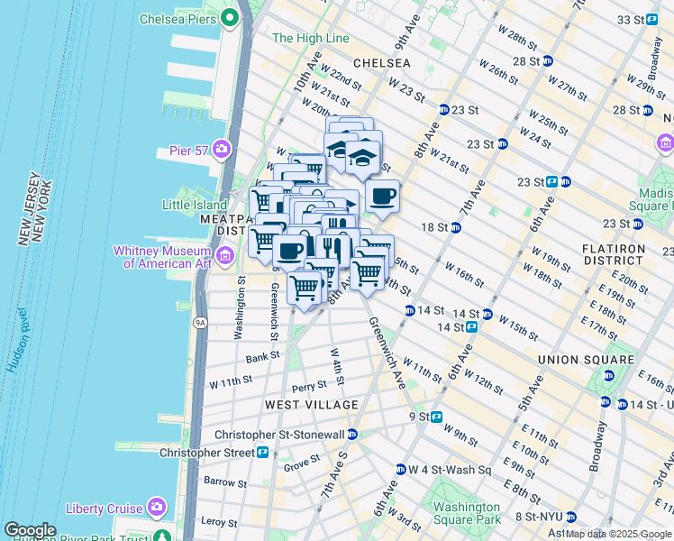map of restaurants, bars, coffee shops, grocery stores, and more near 305 West 13th Street in New York