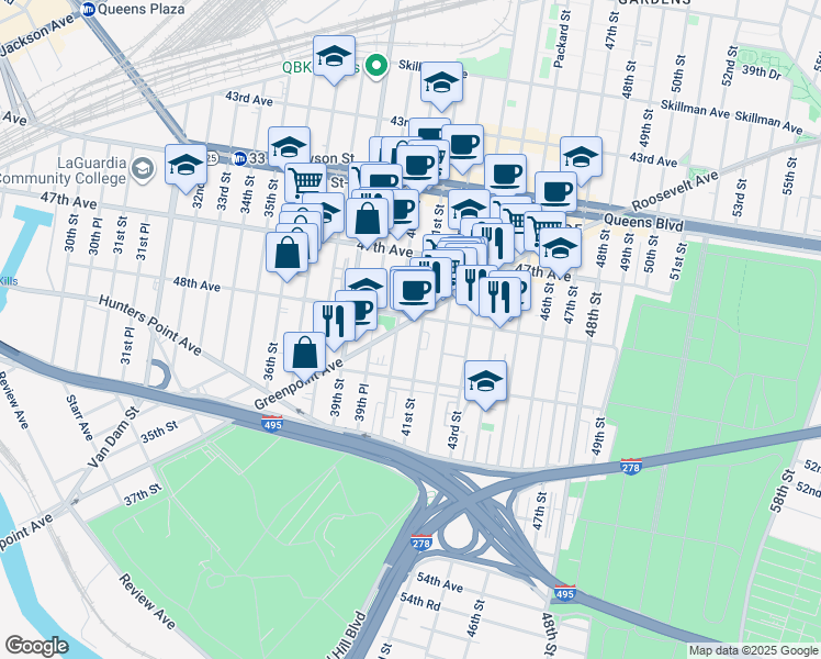 map of restaurants, bars, coffee shops, grocery stores, and more near 40-12 Greenpoint Avenue in Queens