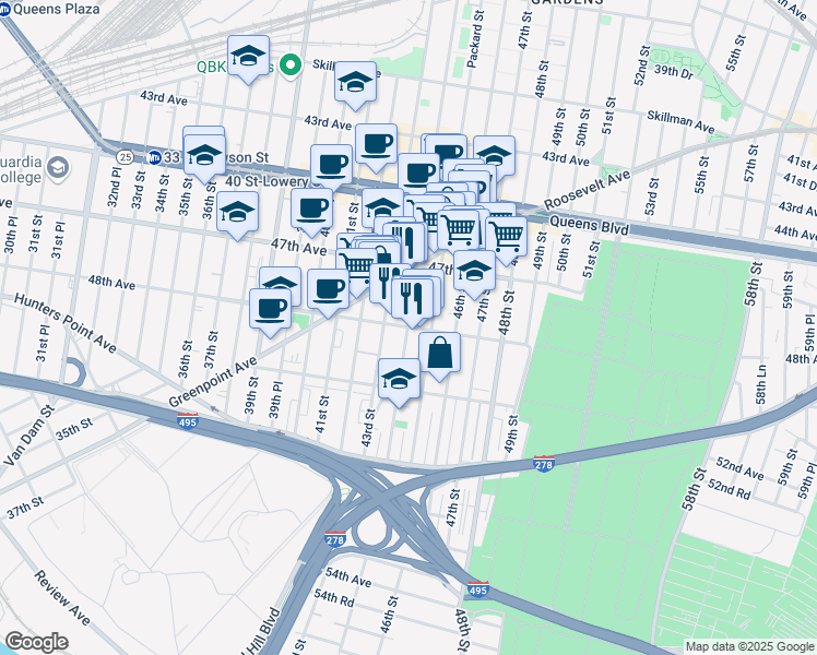 map of restaurants, bars, coffee shops, grocery stores, and more near 47-46 44th Street in Queens