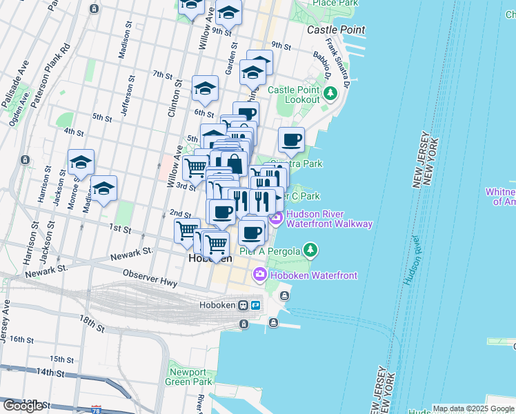 map of restaurants, bars, coffee shops, grocery stores, and more near 2 Marine View Plaza in Hoboken