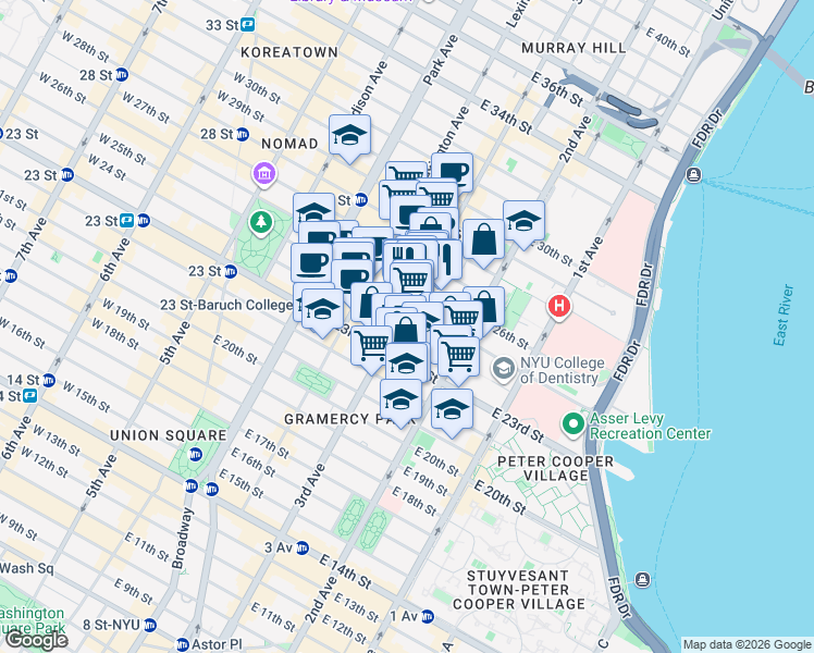 map of restaurants, bars, coffee shops, grocery stores, and more near 201 East 24th Street in New York