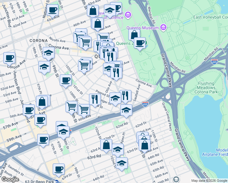 map of restaurants, bars, coffee shops, grocery stores, and more near in Queens