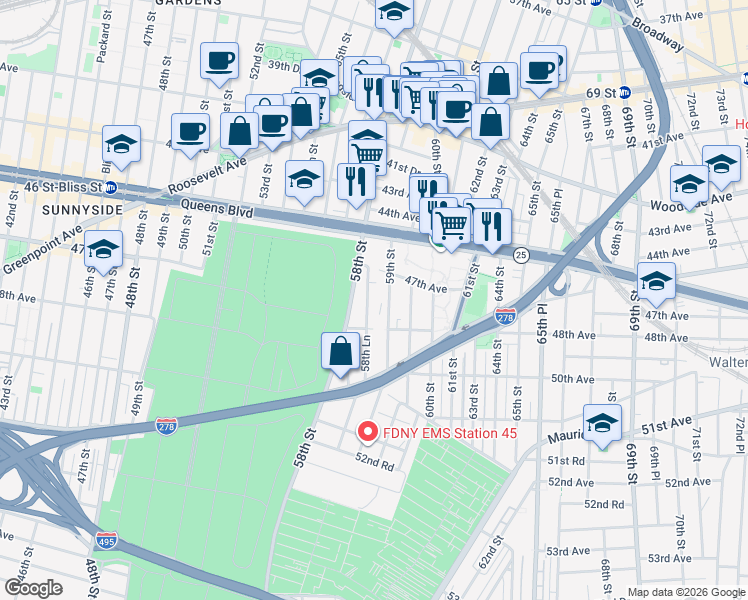 map of restaurants, bars, coffee shops, grocery stores, and more near 47-10 59th Street in Queens