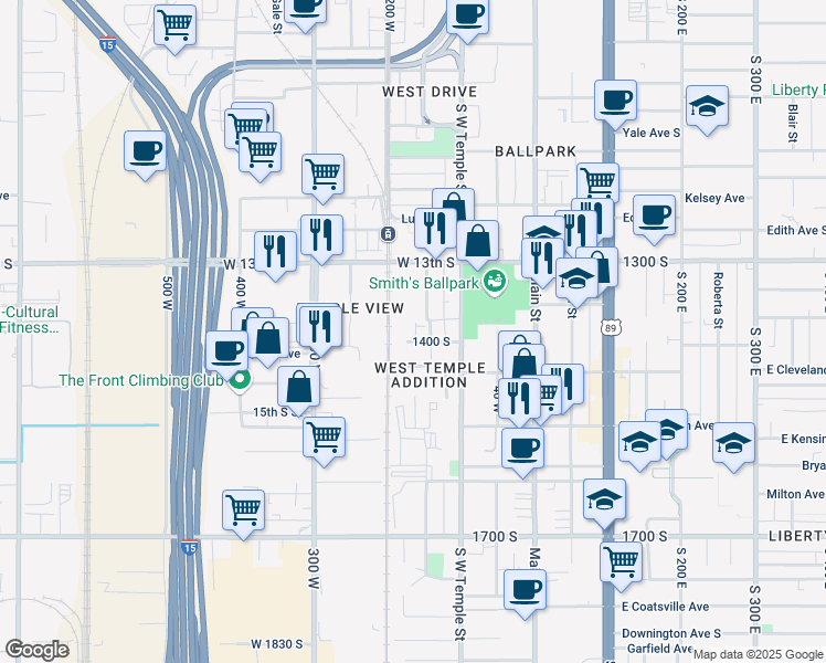 map of restaurants, bars, coffee shops, grocery stores, and more near 150 West 1400 South in Salt Lake City