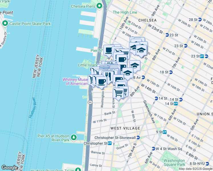 map of restaurants, bars, coffee shops, grocery stores, and more near 15 Little West 12th Street in New York
