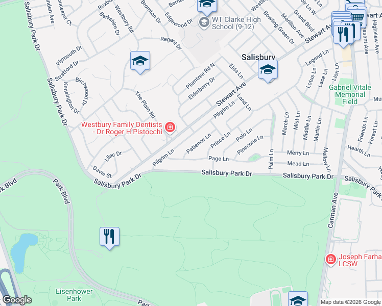 map of restaurants, bars, coffee shops, grocery stores, and more near 36 Patience Lane in Westbury