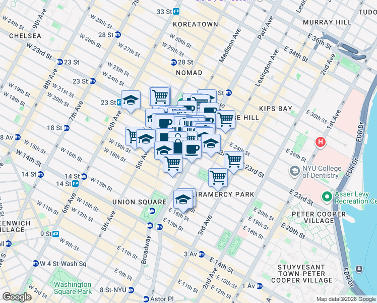 map of restaurants, bars, coffee shops, grocery stores, and more near 280 Park Avenue South in New York