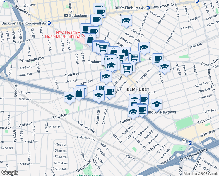 map of restaurants, bars, coffee shops, grocery stores, and more near 80-55 Cornish Avenue in Queens