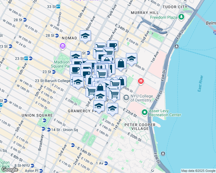 map of restaurants, bars, coffee shops, grocery stores, and more near 355 3rd Avenue in New York