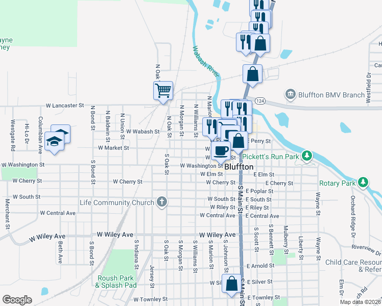 map of restaurants, bars, coffee shops, grocery stores, and more near 412 West Market Street in Bluffton