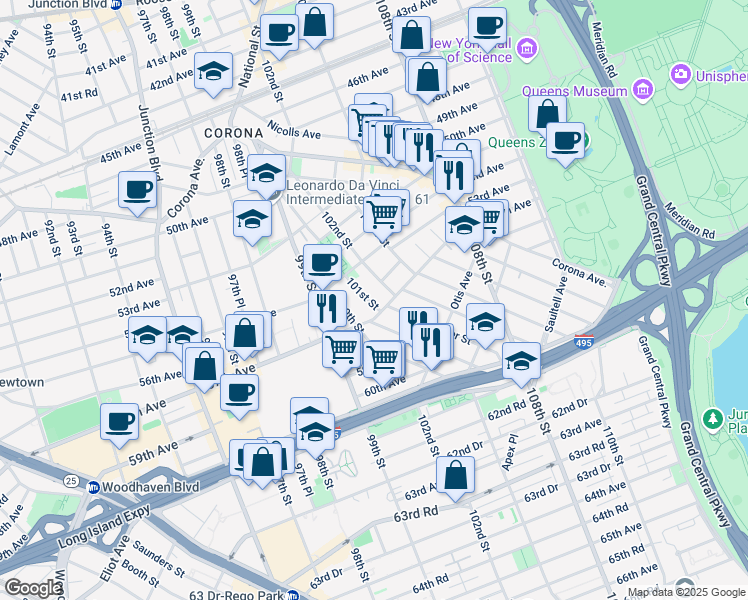 map of restaurants, bars, coffee shops, grocery stores, and more near 54-27 101st Street in Queens