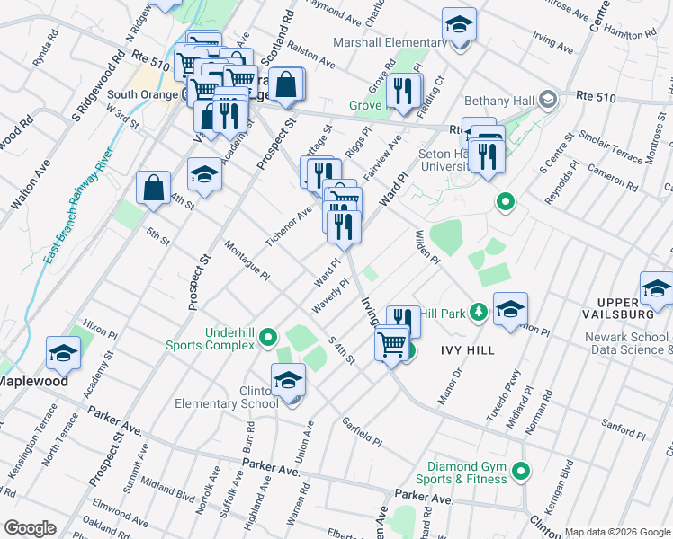 map of restaurants, bars, coffee shops, grocery stores, and more near 408 Irvington Avenue in South Orange Village