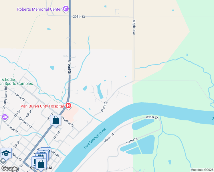 map of restaurants, bars, coffee shops, grocery stores, and more near 199 Timber Ridge Road in Keosauqua