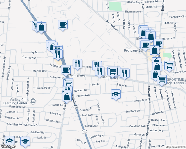 map of restaurants, bars, coffee shops, grocery stores, and more near 11 South Butehorn Street in Bethpage