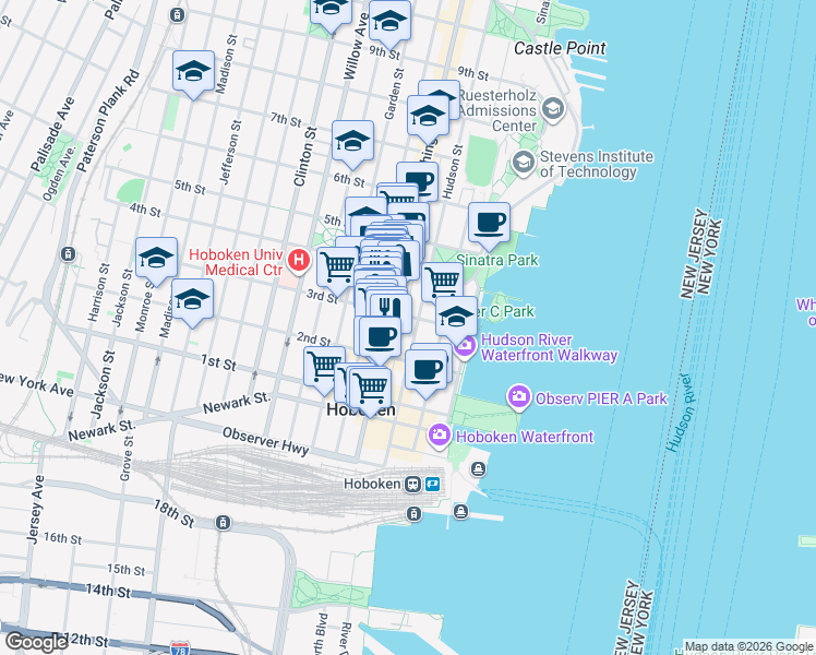 map of restaurants, bars, coffee shops, grocery stores, and more near 56 3rd Street in Hoboken