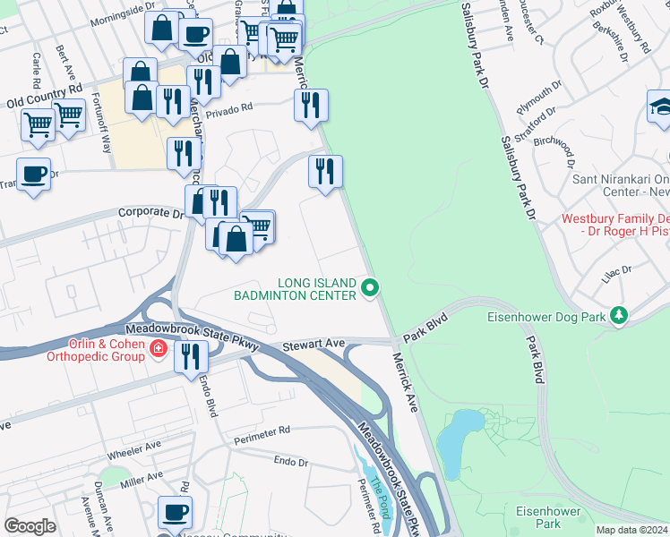 map of restaurants, bars, coffee shops, grocery stores, and more near 655 Merrick Avenue in Westbury