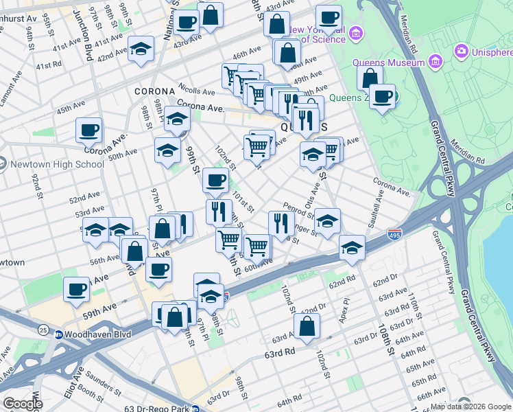 map of restaurants, bars, coffee shops, grocery stores, and more near 54-27 101st Street in Queens