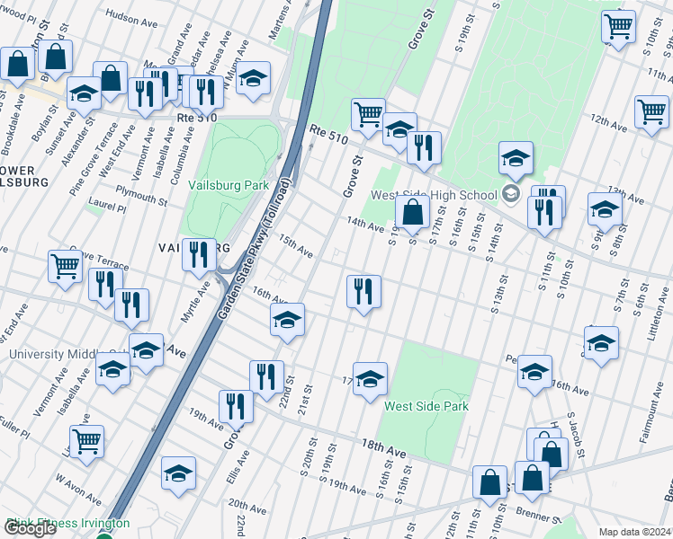 map of restaurants, bars, coffee shops, grocery stores, and more near 121 21st Street in Irvington