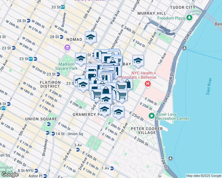 map of restaurants, bars, coffee shops, grocery stores, and more near 212 East 25th Street in New York